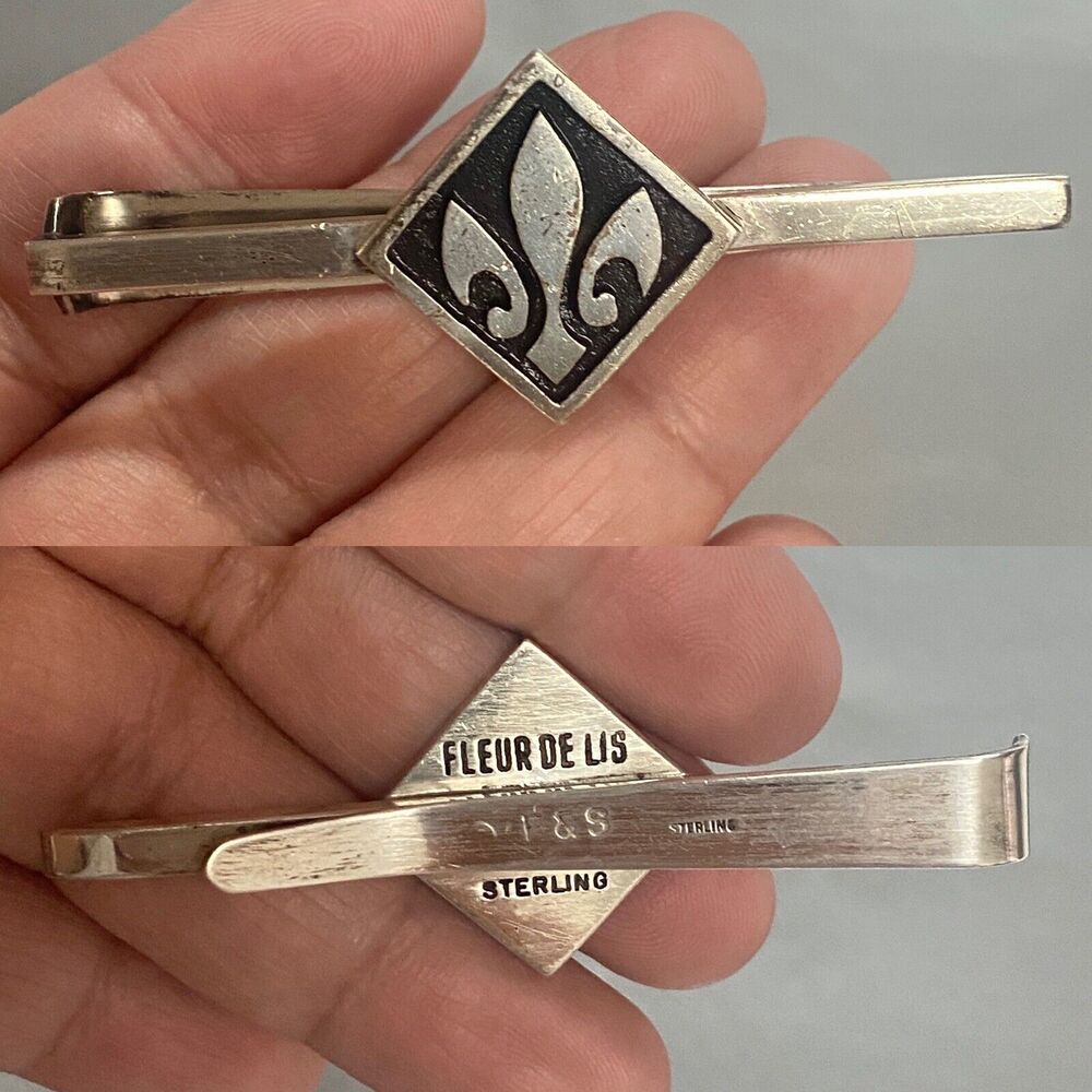 Vintage MCM F&S Sterling Silver Fleur De Lis Tie Clip